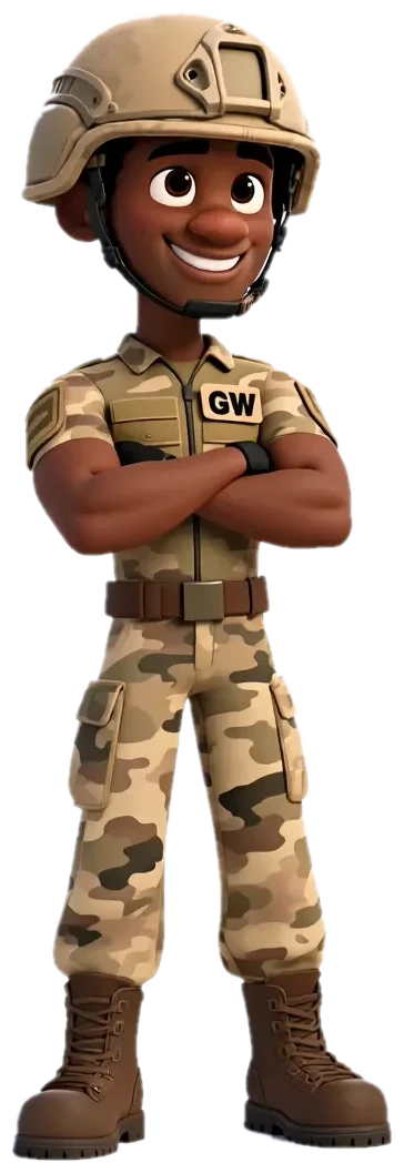 The GW Cadet mascot, a cartoon cadet in desert camouflage with a GW name tape, standing with arms crossed.