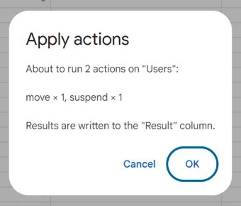 GW Cadet's Apply actions dialog: About to run 2 actions on Users, move times 1, suspend times 1, with Cancel and OK buttons.