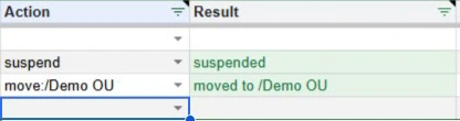 The Action and Result columns of a sheet: suspend wrote suspended, and move to Demo OU wrote moved to /Demo OU, both in green.